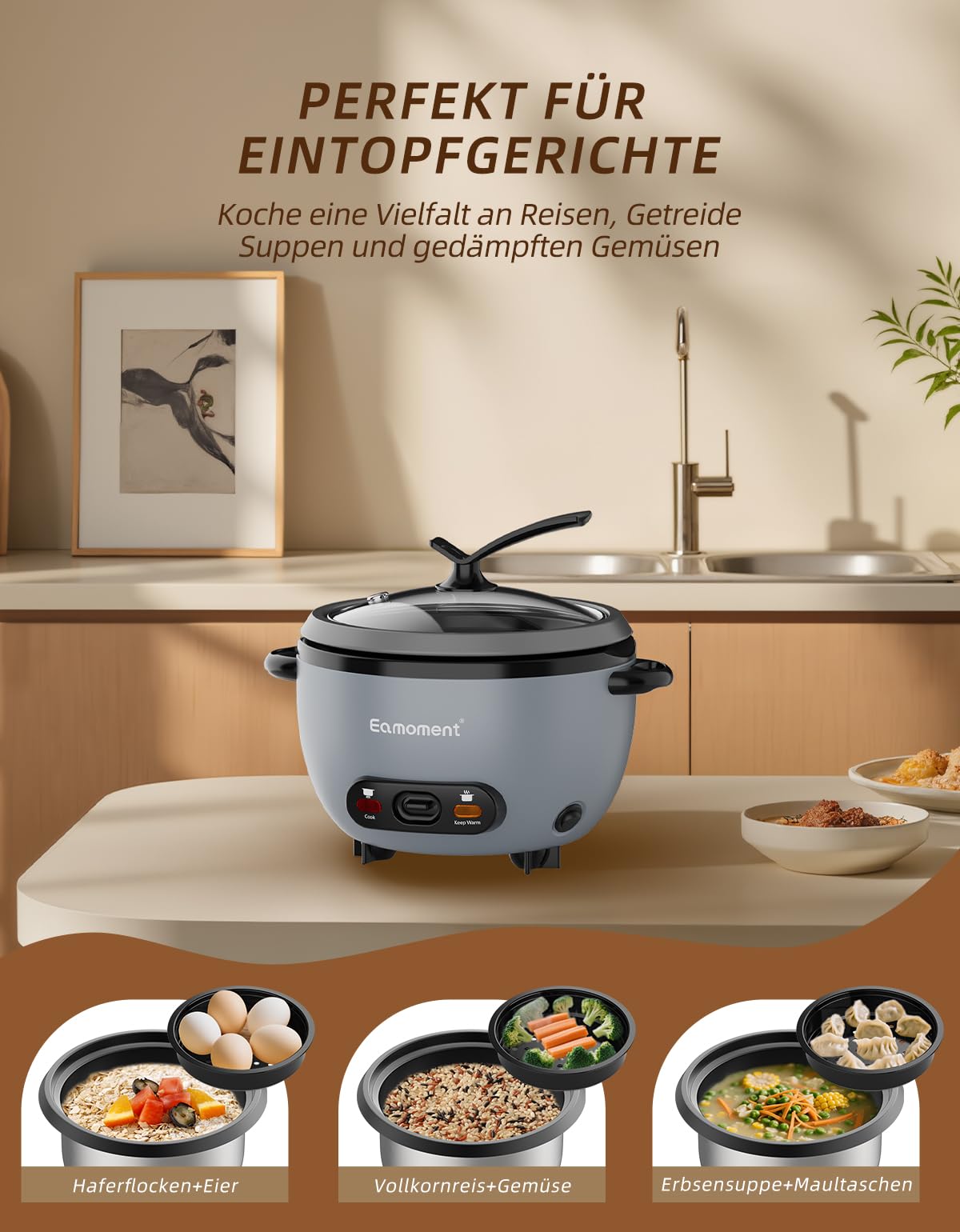 ERC-5P07SL 1L | 400W Reiskocher & Schwarzer Dämpfeinsatz Warm & Kochen 1-5 Personen Antihaft-abnehmbarer Topf, Messbecher Spatel, Aufstellbarer Knopf,Silber