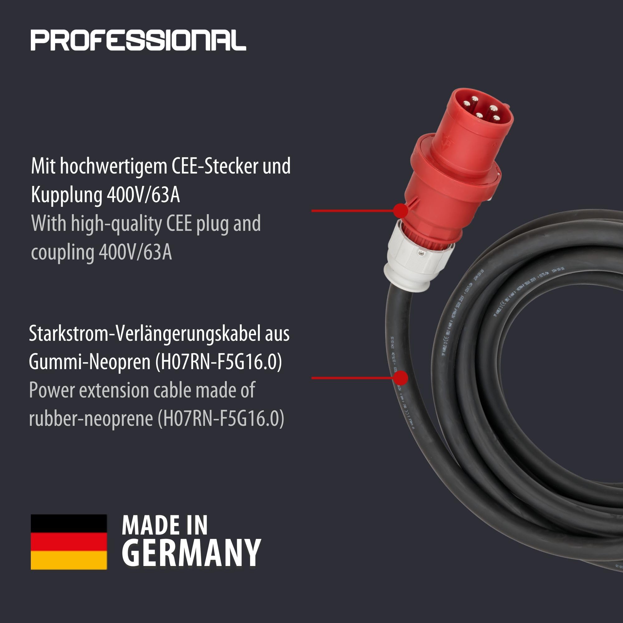 Brennenstuhl Professional Cable alargador CEE IP44 (Cable de 10m, Enchufe y Acoplamiento CEE, CEE 400V/63A, para Obras y Trabajo con Alta tensión, Fabricado en Alemania) | H07RN-F 5G16,0, 400V/63A 5 polos con enchufe CEE y acoplamiento, para exteriores IP