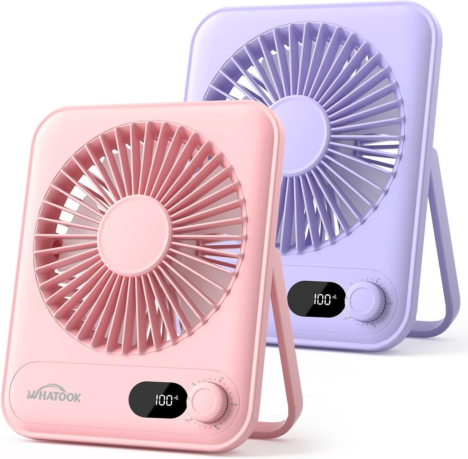 WHATOOK USB Mini Ventilator 2 Stück: Stufenlos 1-100 Regler, 2000mAh Akku Leiser Tischventilator mit LED-Anzeige, Tragbarer Mini Ventilator für Tisch Schreibtisch Büro Zuhause Schlafzimmer