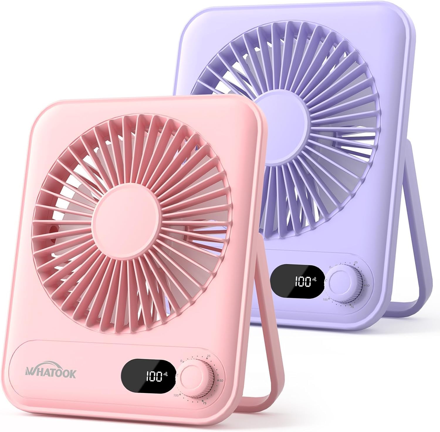 WHATOOK Small Desk Fan 2 Pack: 2000mAh Rechargeable Ultra Quiet 1-100 Speeds Portable Mini USB Fans with LED Display, 3-10H Runtime, Child-Safe Grille for Desktop Table Home, Office & Travel โ image 1