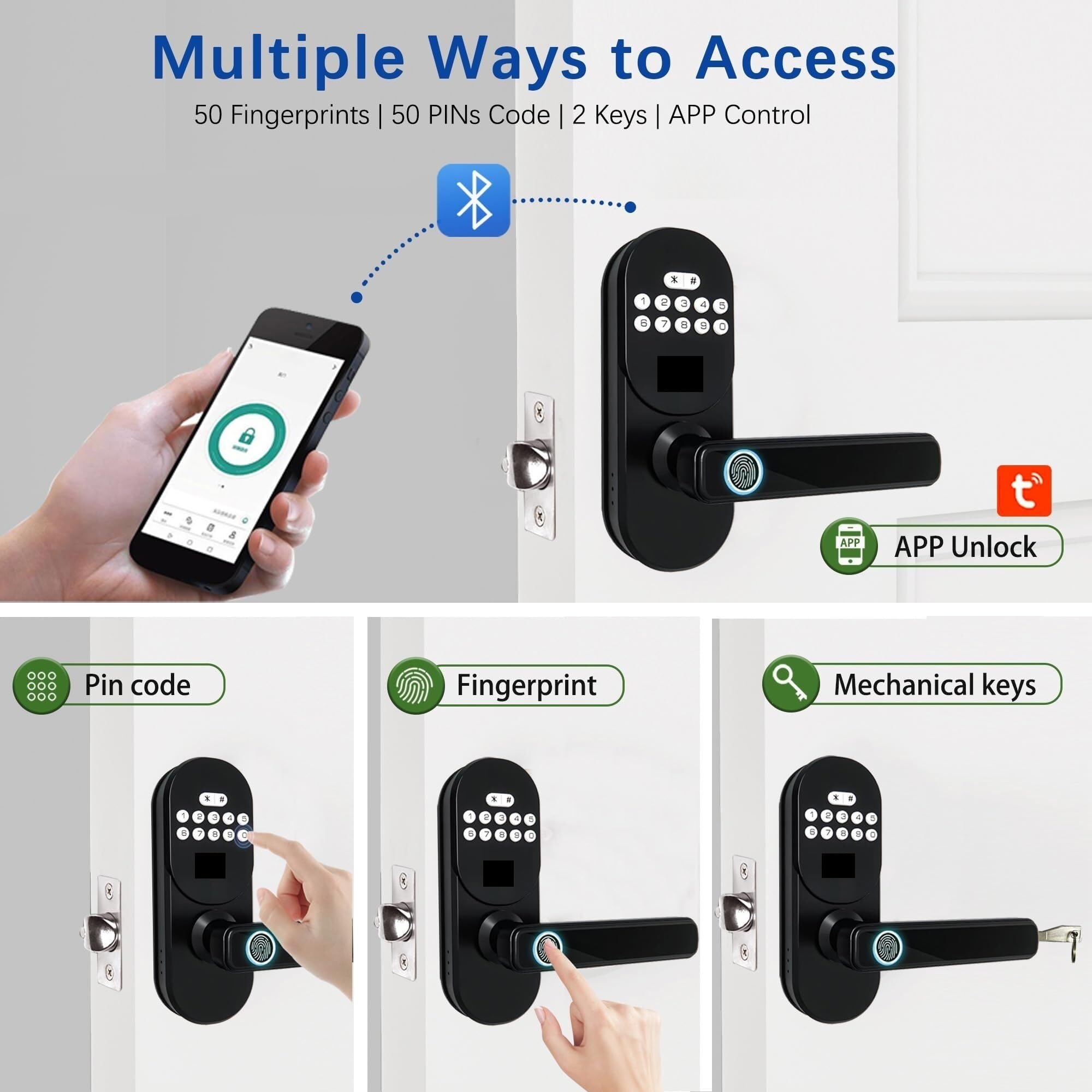 cerradura inteligente Cerradura de puerta de entrada sin llave con manija, cerrojo de huella digital inteligente, control de aplicación y desbloqueo de contraseña del teclado(Bluetooth version)