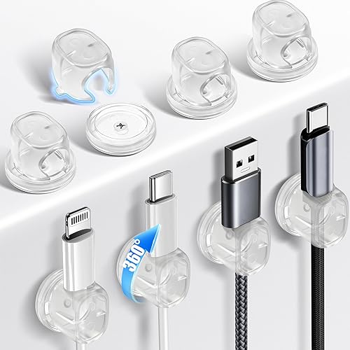 Miniatura 8 de Paquete de 8 organizadores de cables, clips giratorios en forma de Ω, organización de cables adhesivos fuertes con clavos, soporte para cables para