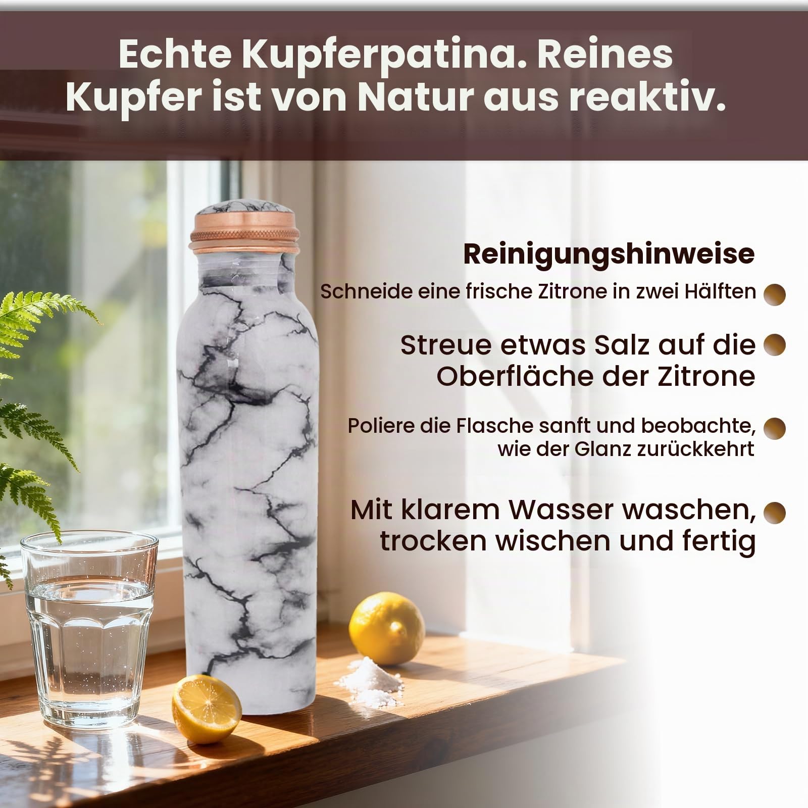 Craft Trade Trinkwasserflasche Kupfer Trinkflasche Rein Weiß Flasche Wasserflasche mit Deckel und Tragetasche 34oz/1000 ml Auslaufsicheres Ayurveda Kupferflasche für Büro und Yoga- 2