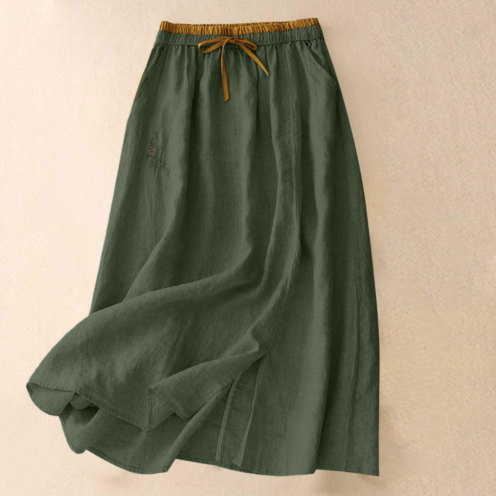 Jupe en Coton Et Lin Femme Mi-Longue ÉTé Taille élastique Casual Légère et Respirante Rétro A-Line DéContractéE Taille éLastique Bohême Jupes avec Poches Ample Couleur Unie D'été Jupe de Plage