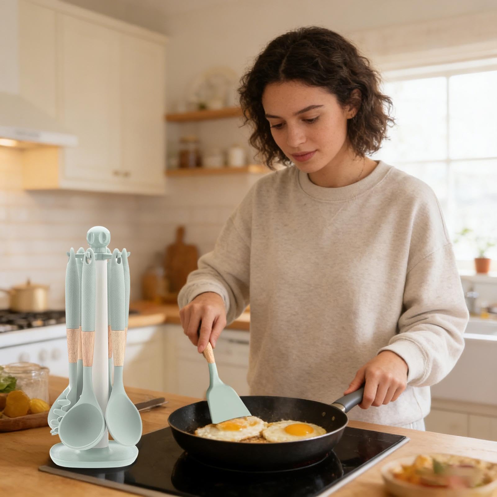 Silikon-Kochutensilien-Set, 7-teilig, Lebensmittelqualität, Küchenhelfer für antihaftbeschichtetes Kochgeschirr, Spatel, Löffel, perfekt zum Schaben, Backen, Mischen, Mahlzeitenvorbereitung