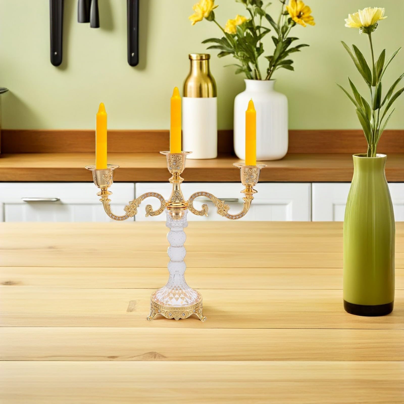 INOOMP Candelabro de Tres Brazos Estilo Europeo Dorado de Aleación de Aluminio y Vidrio para Centro de Mesa en Cenas Románticas y Decoración Navideña
