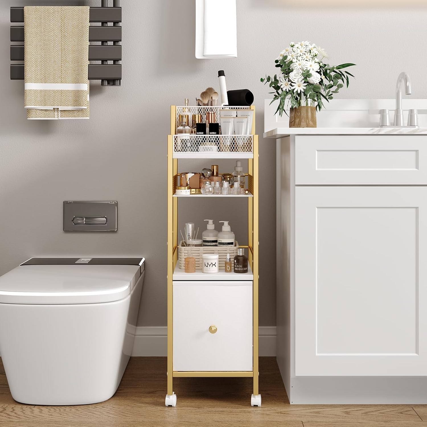 Makeup Organizer Storage Cart with Drawers, Large Floor Makeup Skincare Organizers, Rolling Makeup Cart Vanity Organizer Cosmetics Display Cases Holder for Nail Polish Brush Hair Tool（Gold）