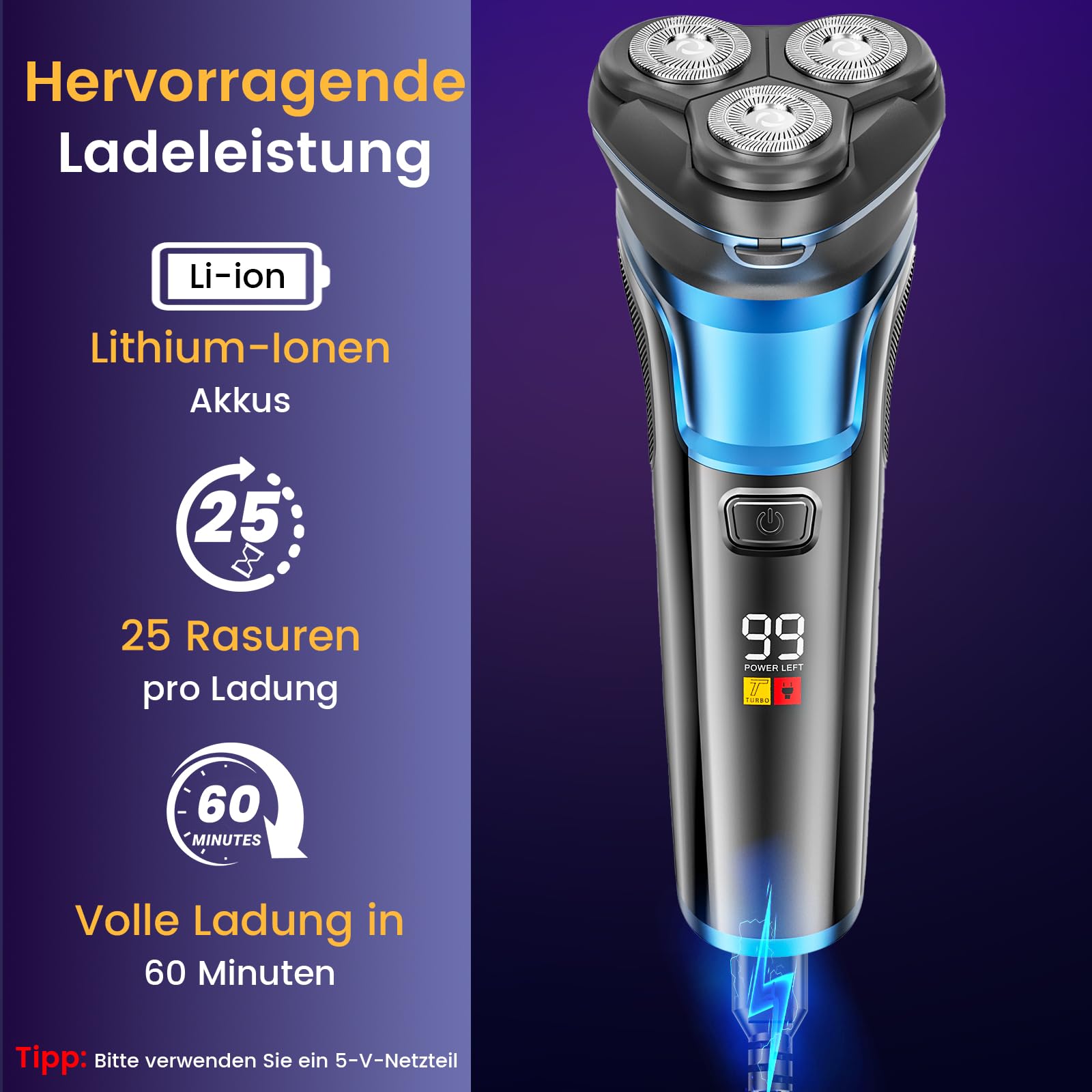 Skycool Rasierer Herren Elektrisch, 3-in-1 Elektrischer Rasierer für Herren Nass und Trocken, IPX7 Wasserdicht Rotationsrasierer mit Pop-Up Trimmer & LED-Display, Schnellladung, Geschenke für Männer