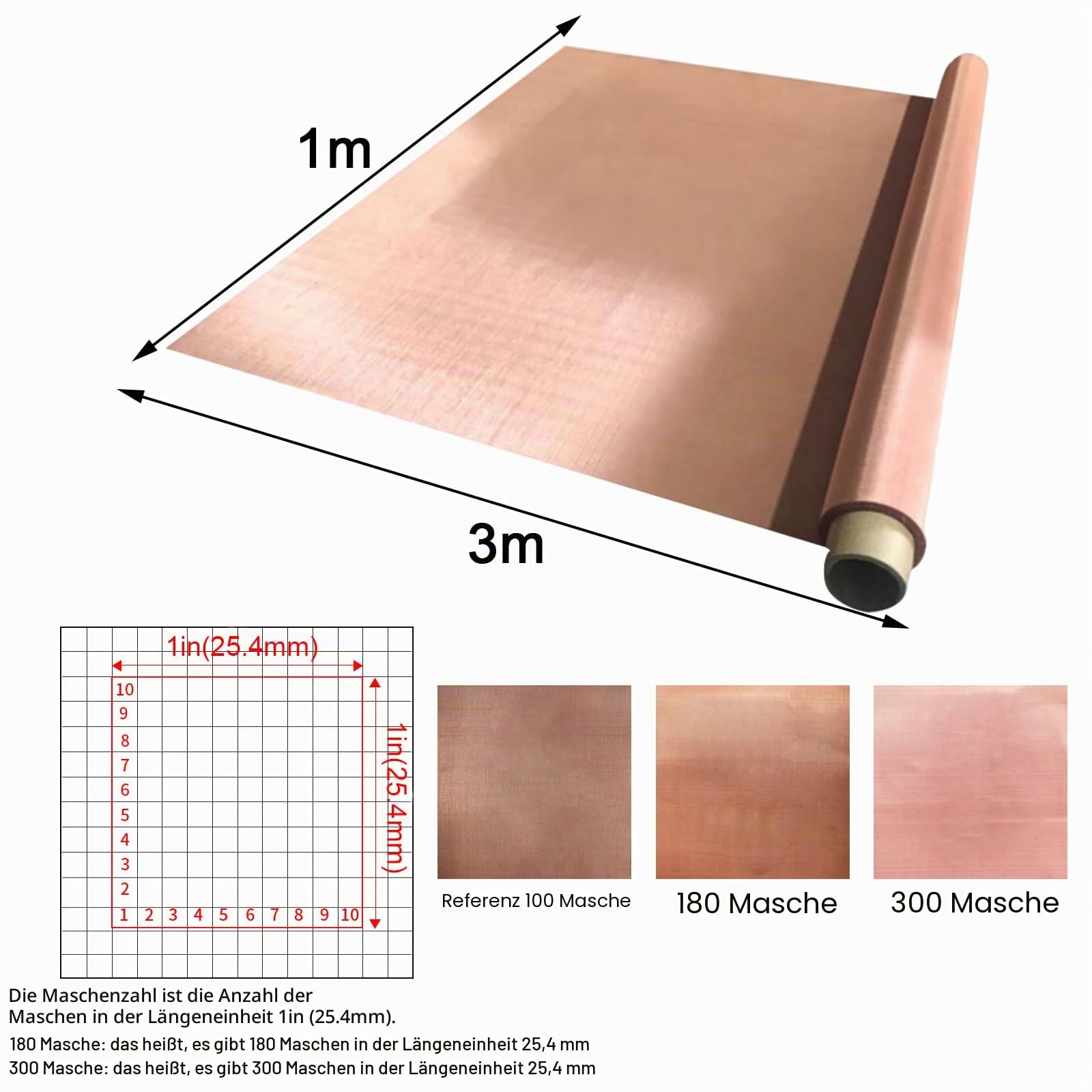 Kupferdrahtgeflecht Reines Kupfer Sieb Gewebtes Drahtgitter Messinggeflecht,für Dichte Filtergewebe,Klimaanlage,Antistatischer Bauboden(Größe:1x3m,Farbe:180Mesh)