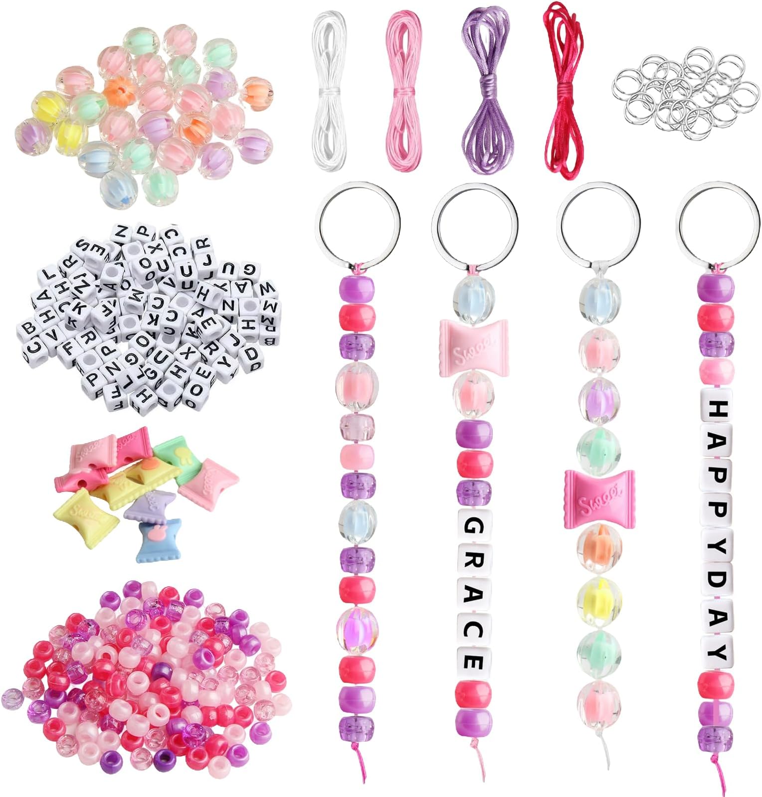 546 Pcs Beaded Keychain Making Kit Colorful Keyring Making Kit Easy to use Keyring Kits Creative and Fun DIY Key Rings for Crafting Perfect for DIY Handcrafting Keyrings Backpack Charms Party Favors
