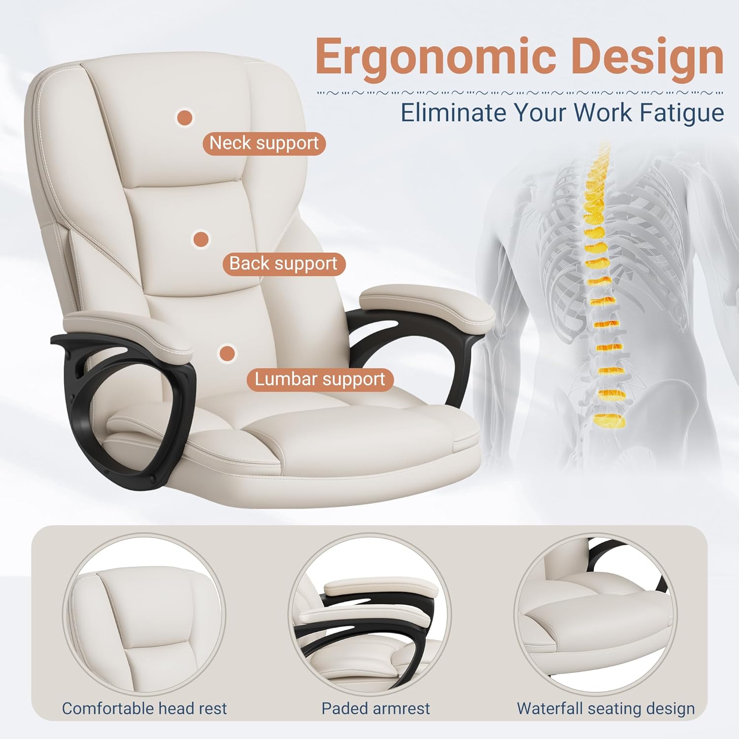 Shahoo Executive Office Chair, PU Leather High Back Ergonomic Armchair for Home Desk with Wheels, Beige