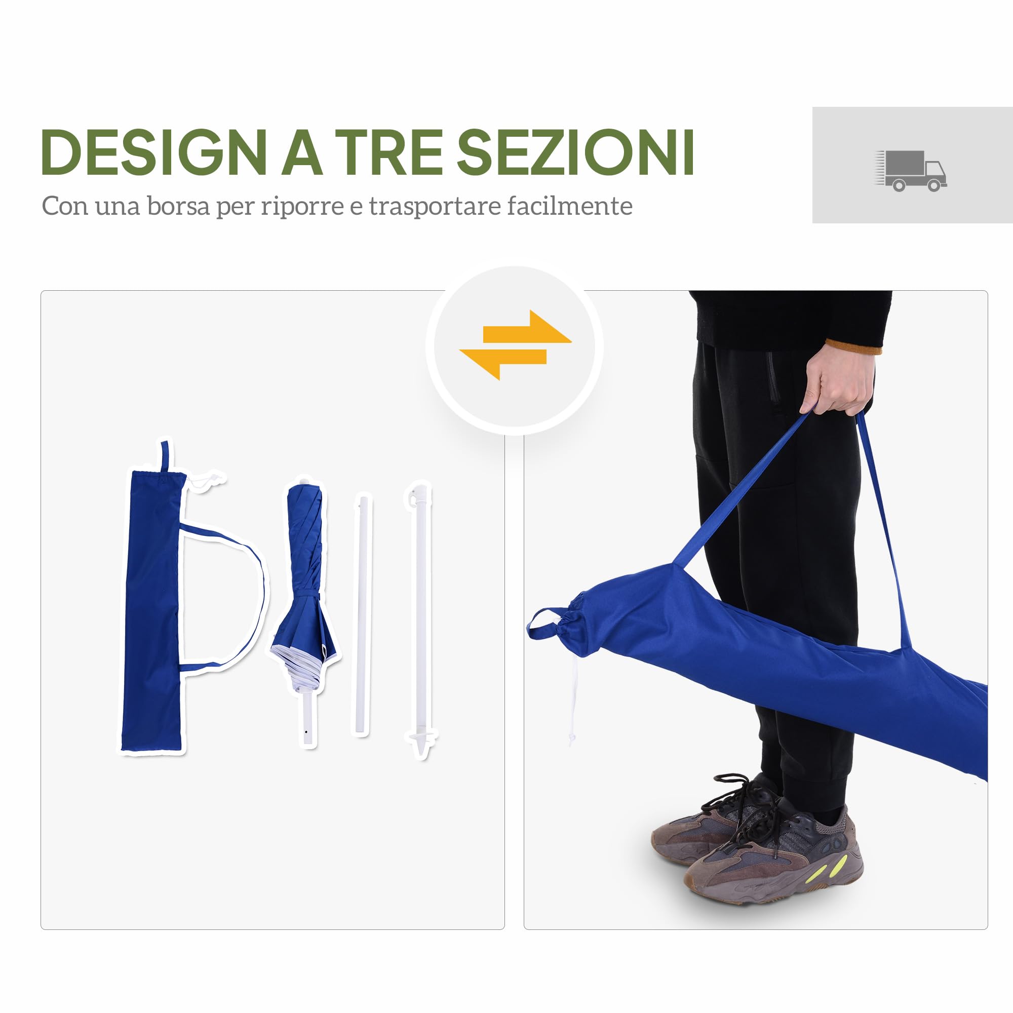 Outsunny Ombrellone da Spiaggia Ø1.6x2 m con Tettuccio Reclinabile, Ombrellone da Spiaggia Portatile con 8 Stecche, Borsa da trasporto e Design a 3 Sezioni in Metallo e Poliestere, Protezione UV, Blu