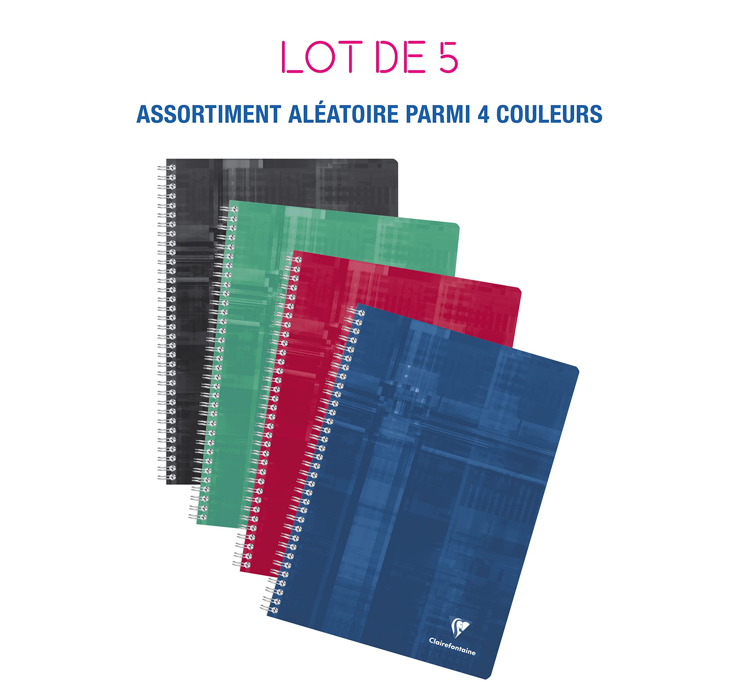 Clairefontaine 8121C Lot de 5 Cahiers à Spirale - A4 21x29,7 cm - 148 Pages Grands Carreaux - Papier Blanc 90 g - Couverture Carte Pelliculée - Couleurs Aléatoires