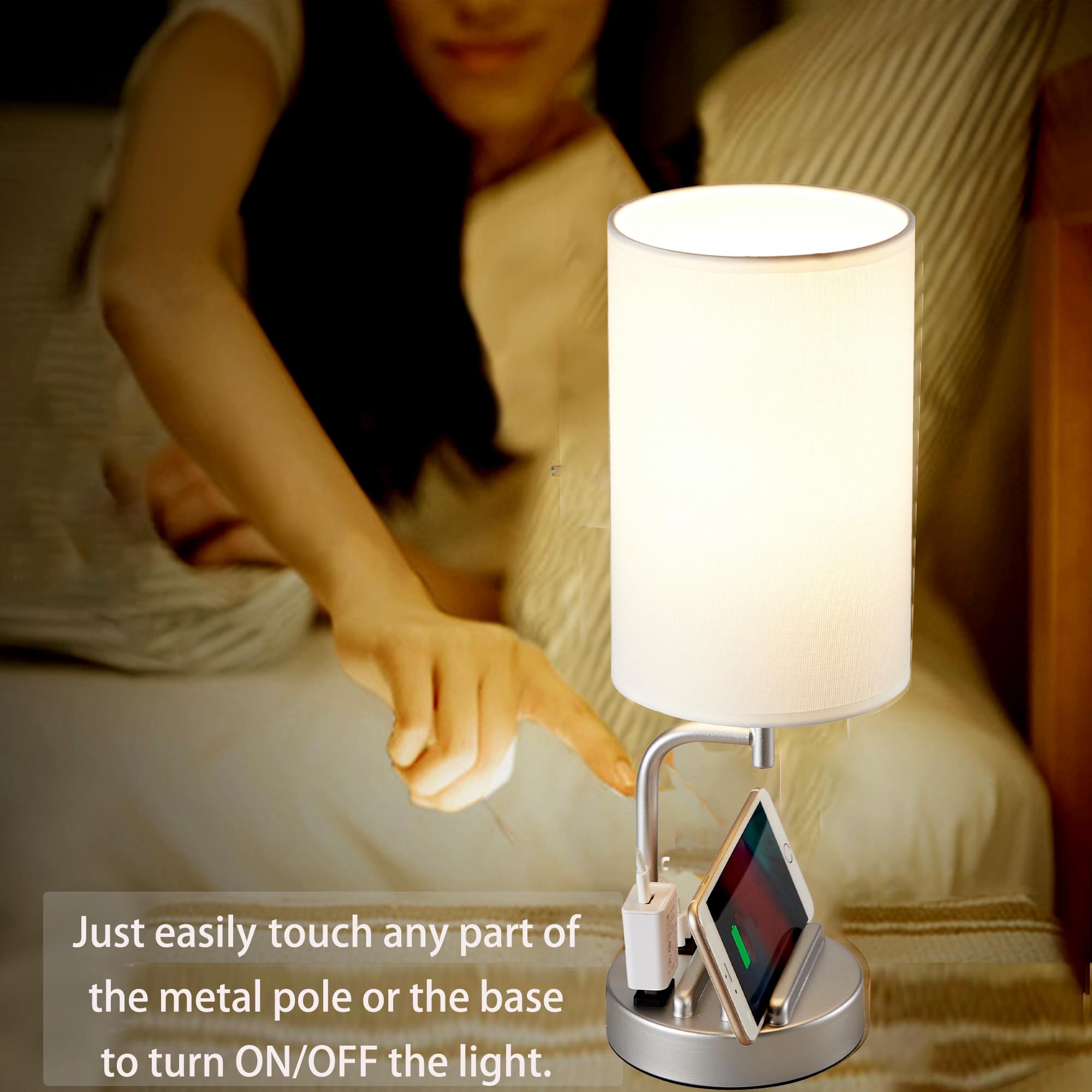 17.4 Inch Bedside Touch Table Lamp - USB-C & USB-A Charging Ports, 3-Way Dimmable, LED Bulb Included, White - View #2