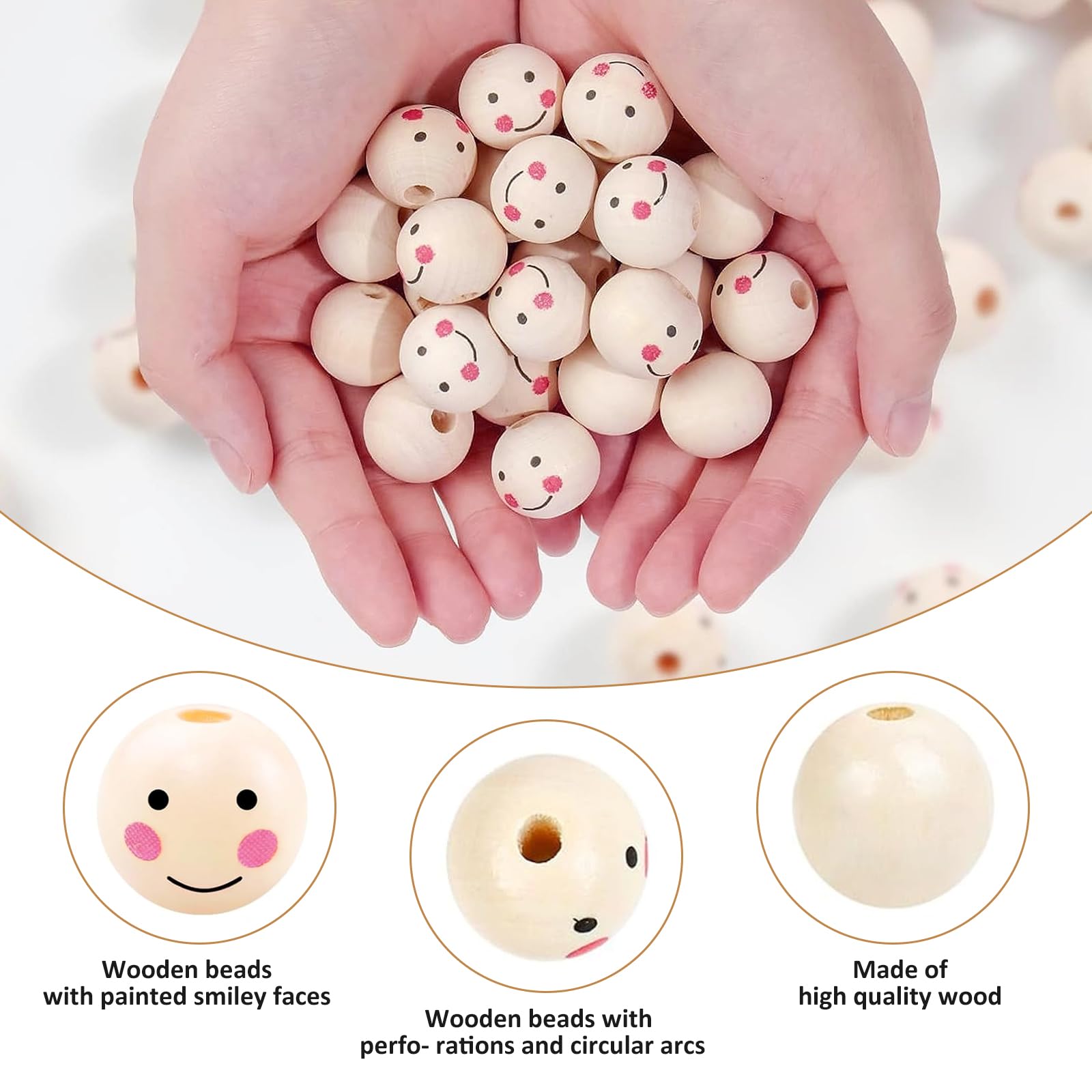 Lot De 60 Perles En Bois Avec Visage Souriant - Diamètre 20 Mm, Trou 4.5 Mm - Pour Bracelets, Colliers, Artisanat - 2