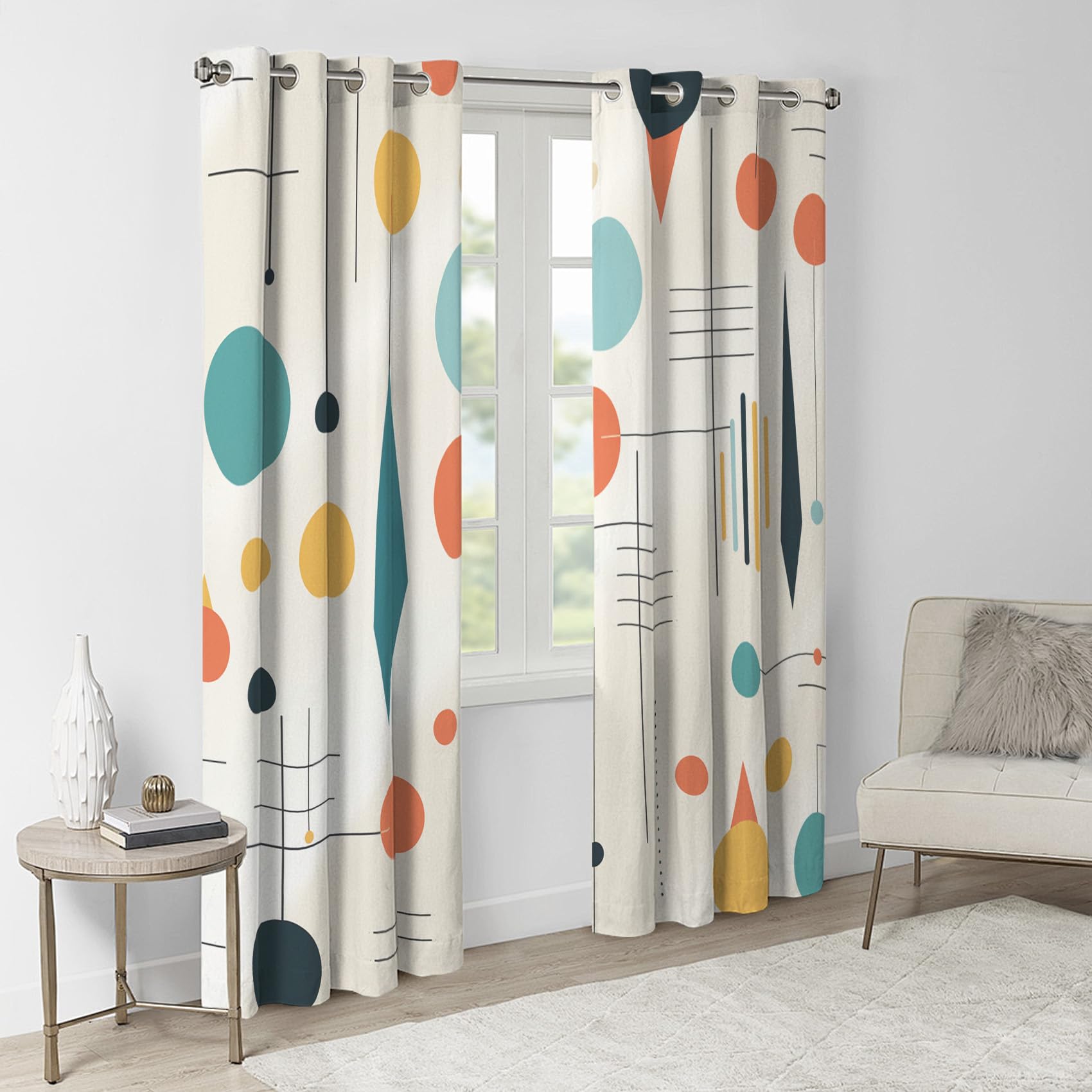 Mid Century Modern Vorhänge, Geometrisch Verdunklungsvorhänge mit Ösen, Vorhang Blickdicht für Wohnzimmer Schlafzimmer Dekoration, Gardinen mit Muster, 2er Set, 145 x 140 cm (HöhexBreite)