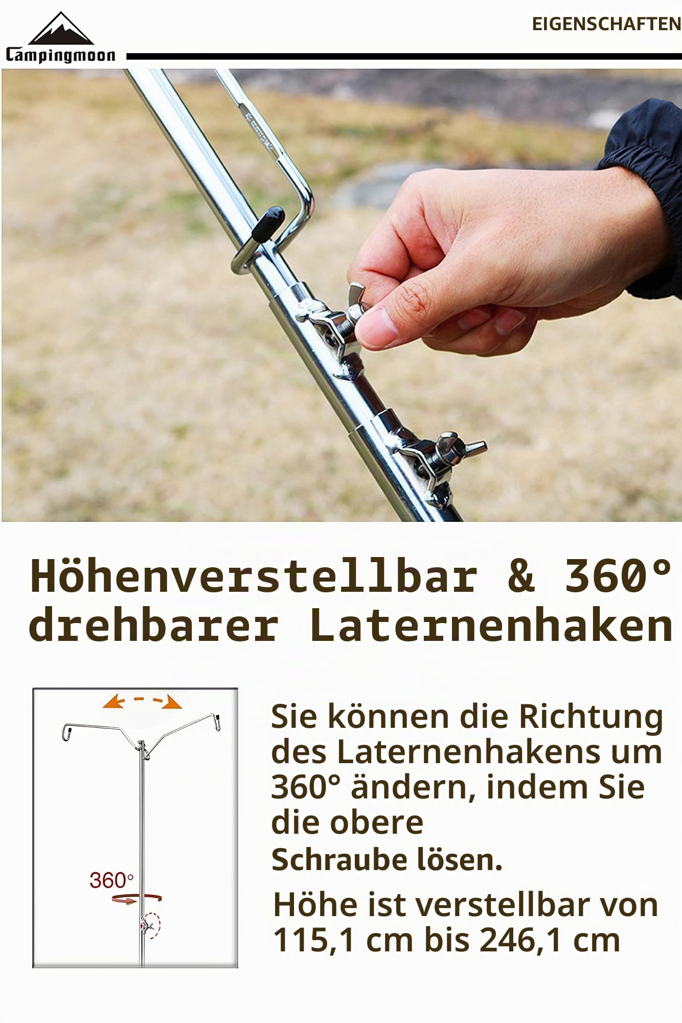 camping moon Robuste Edelstahl-Laternen-Pil-Treiber höhenverstellbar mit Stativständer und Aufbewahrungstasche D-240, D-243