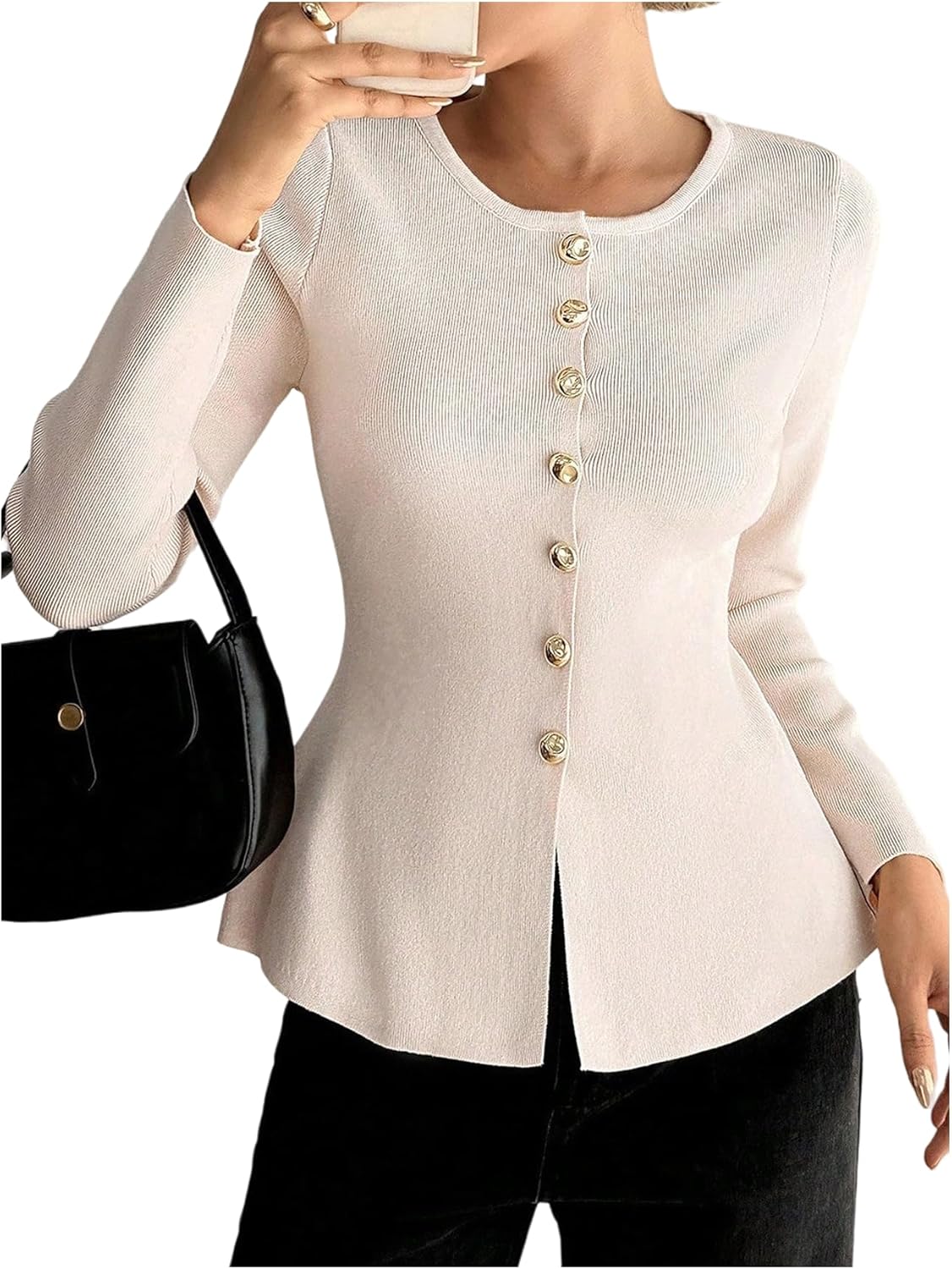 Verdusa Women's Button Up Dressy Cardigans Ruffle Peplum Sweater Elegant Formal Tops Spring Fall Clothes