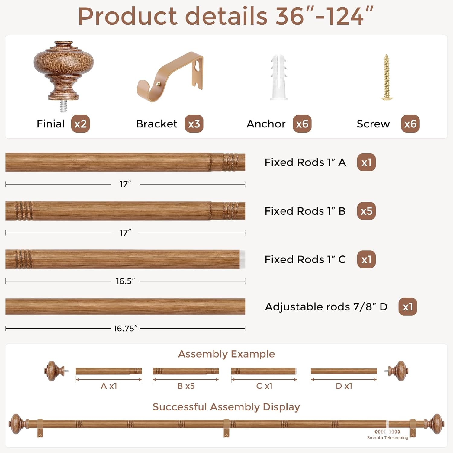 Wood Curtain Rods for Windows 66 to 120 Inch, Boho Vintage Decorative 1 Inch Diameter Long Wooden Curtain Rod, Adjustable Heavy Duty Rustic Farmhouse Drapery Pole with Wood Grain Finials