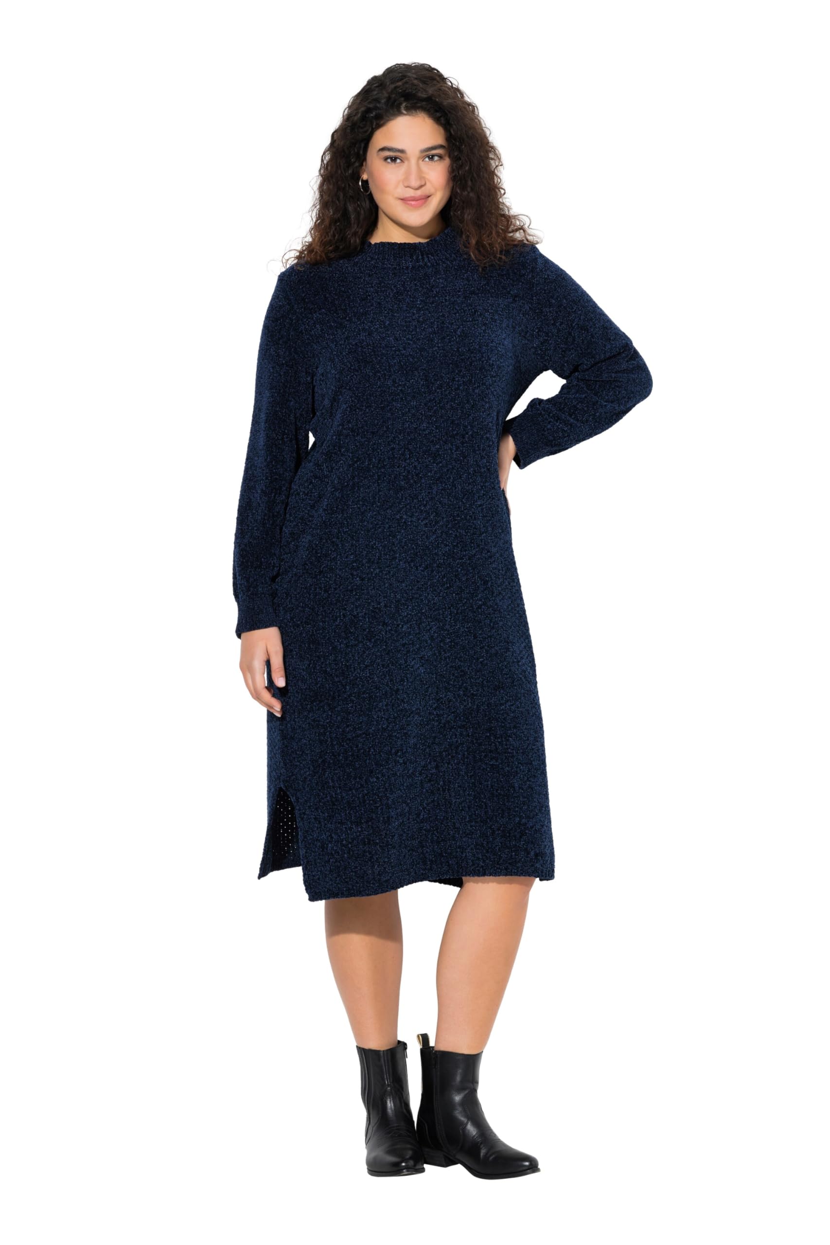 Ulla Popken Damen große Größen Übergrößen Plus Size Chenille-Midikleid, weiter Stehkragen, Langarm 843592