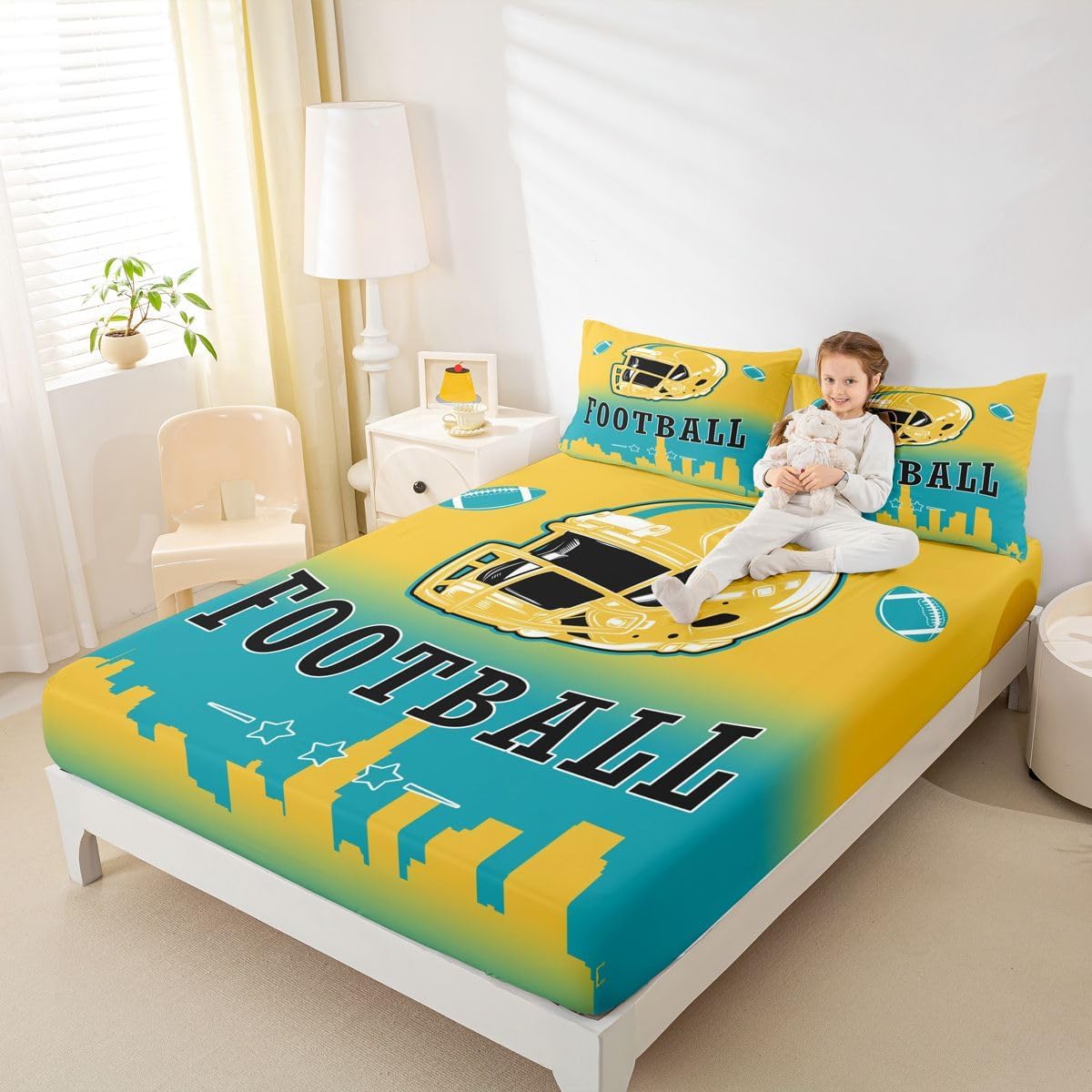 Erosebridal Football Bed Sheets Football Fans Fitted Sheet American Rugby Sports Bedding Set Full Size for Kids Boys Girls Teen,Ball Competitive Games Fitted Bed Sheet