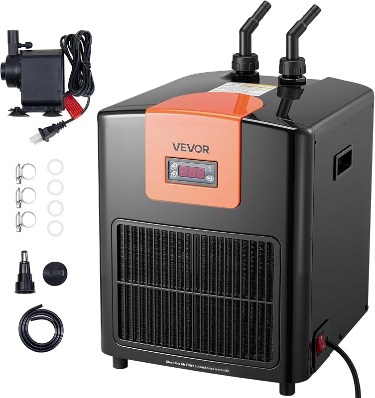 VEVOR Enfriador de acuario de 110 galones, enfriador de agua de 1/3 HP para hidroponía, enfriamiento rápido para peceras, axolotl, arrecife de coral, compresor de refrigeración silencioso, evaporador de titanio, accesorios completos | Enfriamiento rápido para peceras, ajolotes, arrecifes de coral, compresor de refrigeración silencioso, evaporador de titanio, accesorios completos