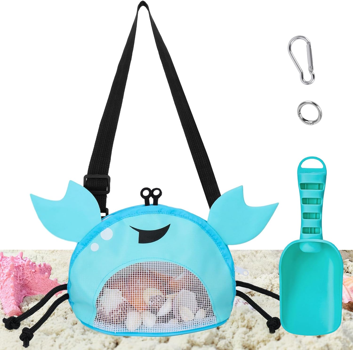 AMOR PRESENT Mesh Baby Beach Bag, Shell Collecting Bag with Shovel Crab-Shaped Adjustable Strap for Holding Shell Sea Pool Sand Toy, Blue