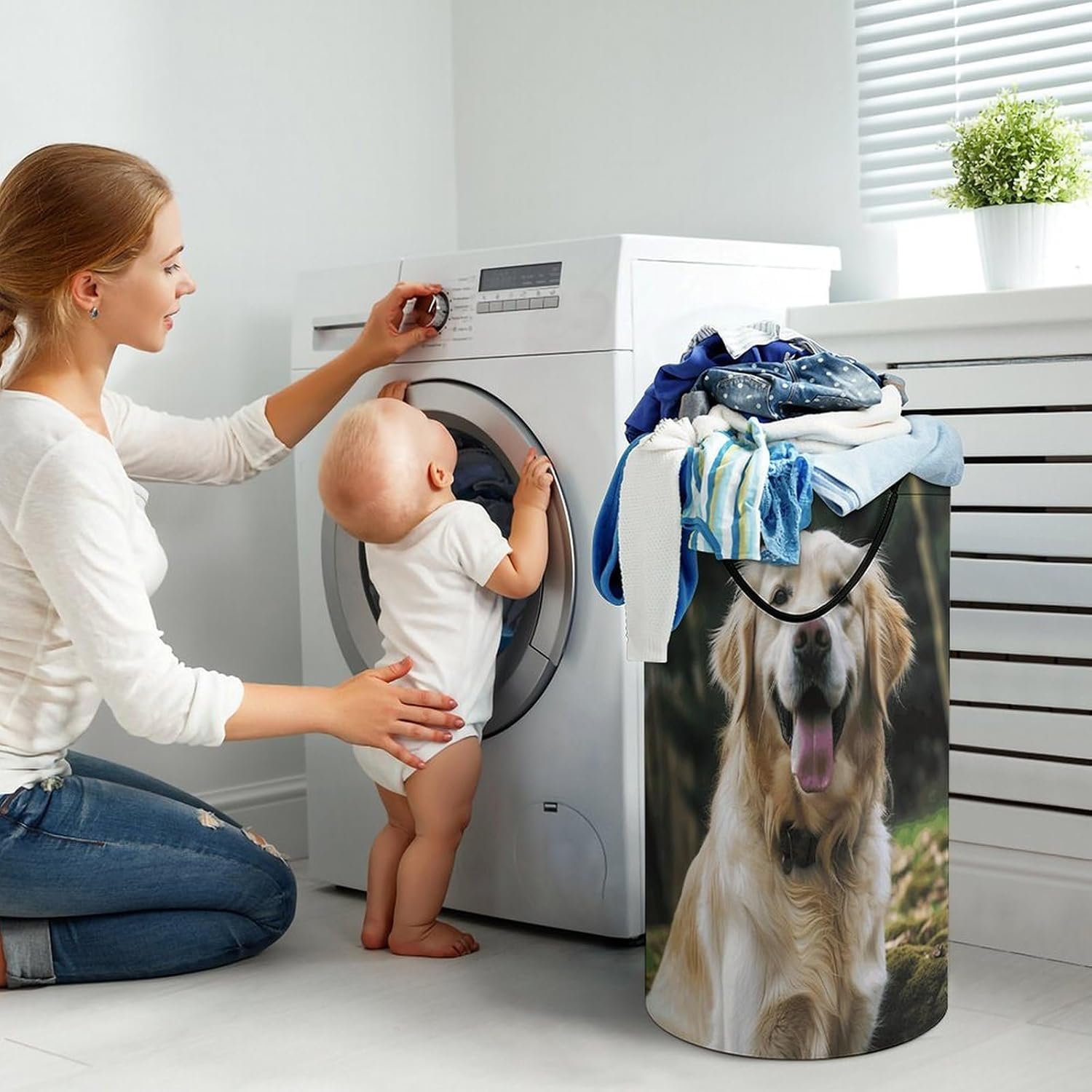 Funny Golden Retriever Laundry Hamper with Handles Waterproof Collapsible Laundry Basket Large Lightweight Round Dirty Clothes Hamper for Home Dorm Bathroom Decor