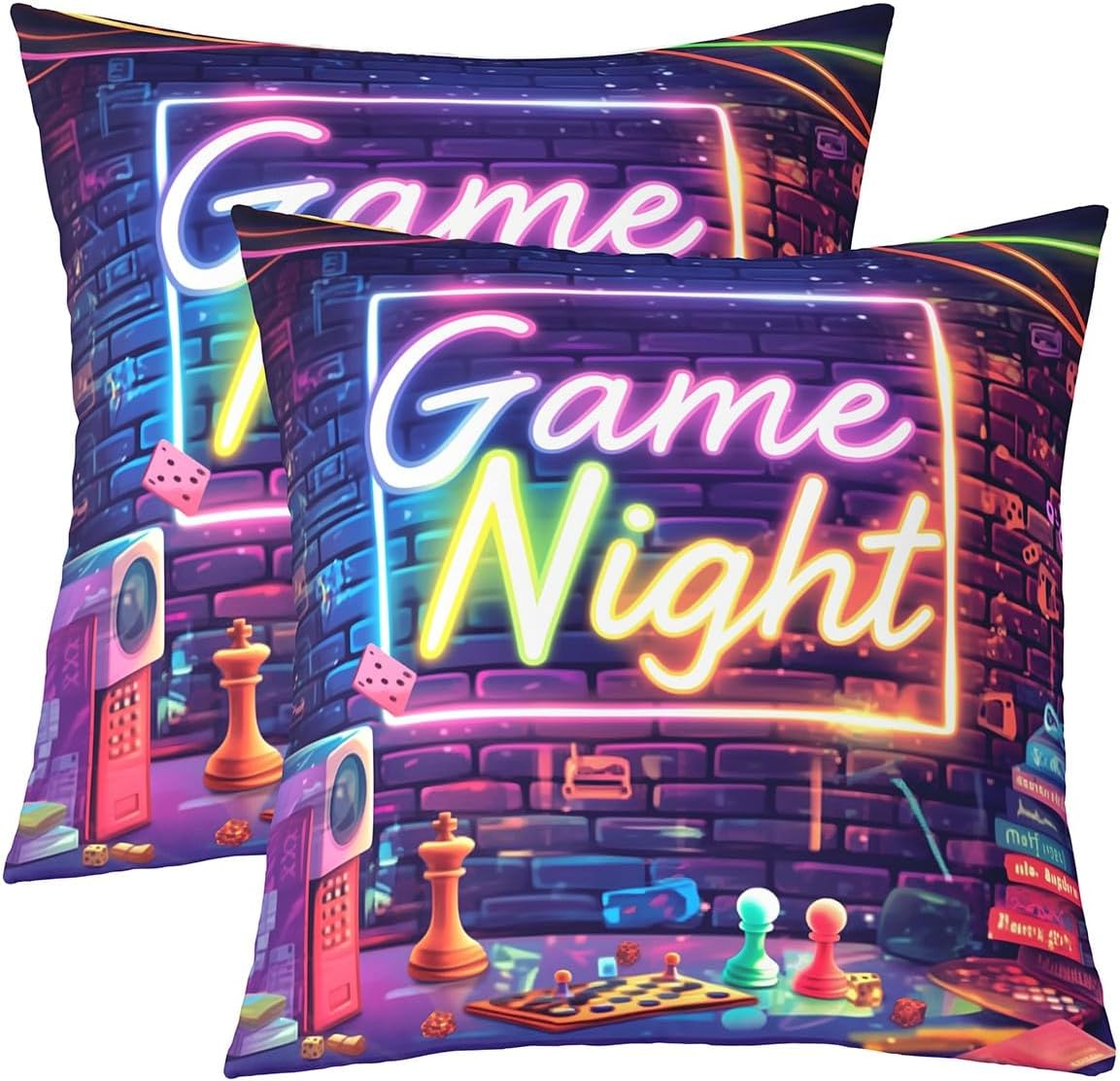 Colorful Game Night Pillow Covers 20x20 Inch Set of 2 Cartoon Chinese Chess Game Theme Cushion Cases for Kids Boys Teens Street Art Patchwork Grid Decor Hippie Cushion Covers for Living Room