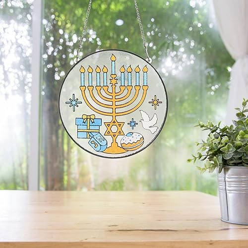 Miniatura 2 de EXCEART Atrapasoles de Hanukkah Janucá - Adorno colgante de vitrales judíos para ventana, David Star Dove Dreidel Latkes pintado a mano, panel