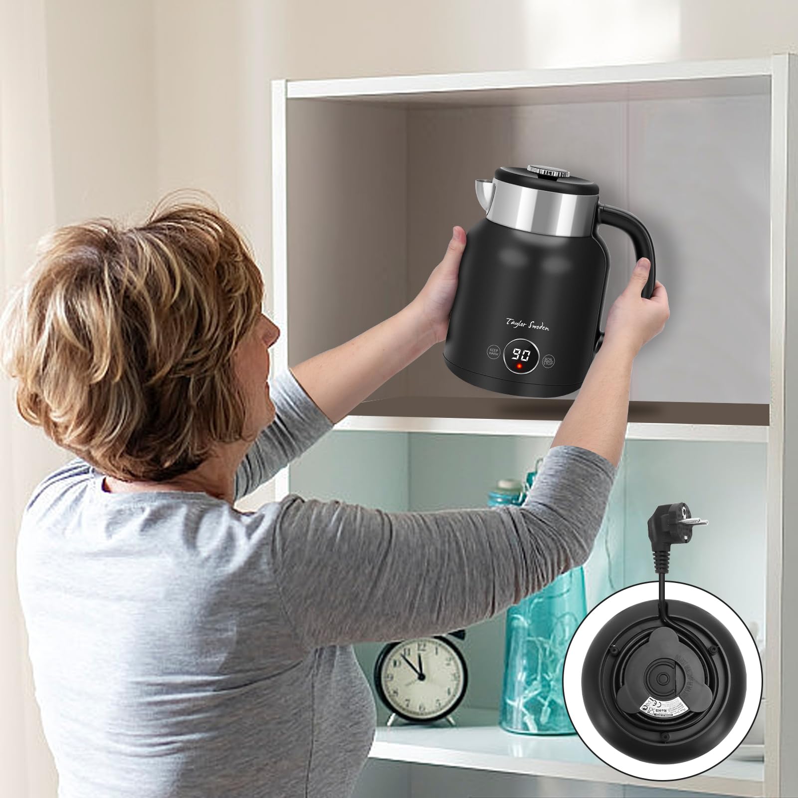 Taylor Swoden Hervidor de Agua Retro 1.7L de Acero Inoxidable Sin BPA Negro | Hervidor 2200W, silencioso, 5 niveles temp, función calor 1H, doble pared antiquemaduras, ideal para té y café (Asher)
