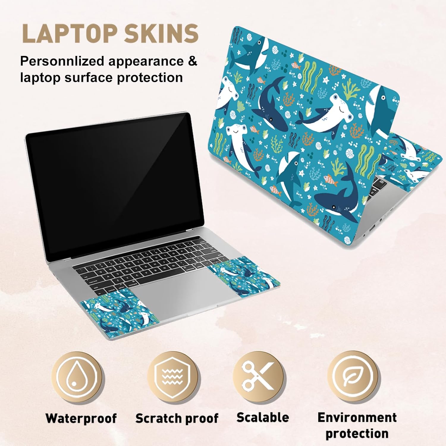 PLIGREAT 15 Inches Cartoon Shark Laptop Decals Sticker Skin Cover, Cute Ocean Blue Laptop Skin Sticker Decal Fits 12" to 15" Laptops Universal Waterproof Removable Notebook Art Protector, Blue Green image 4