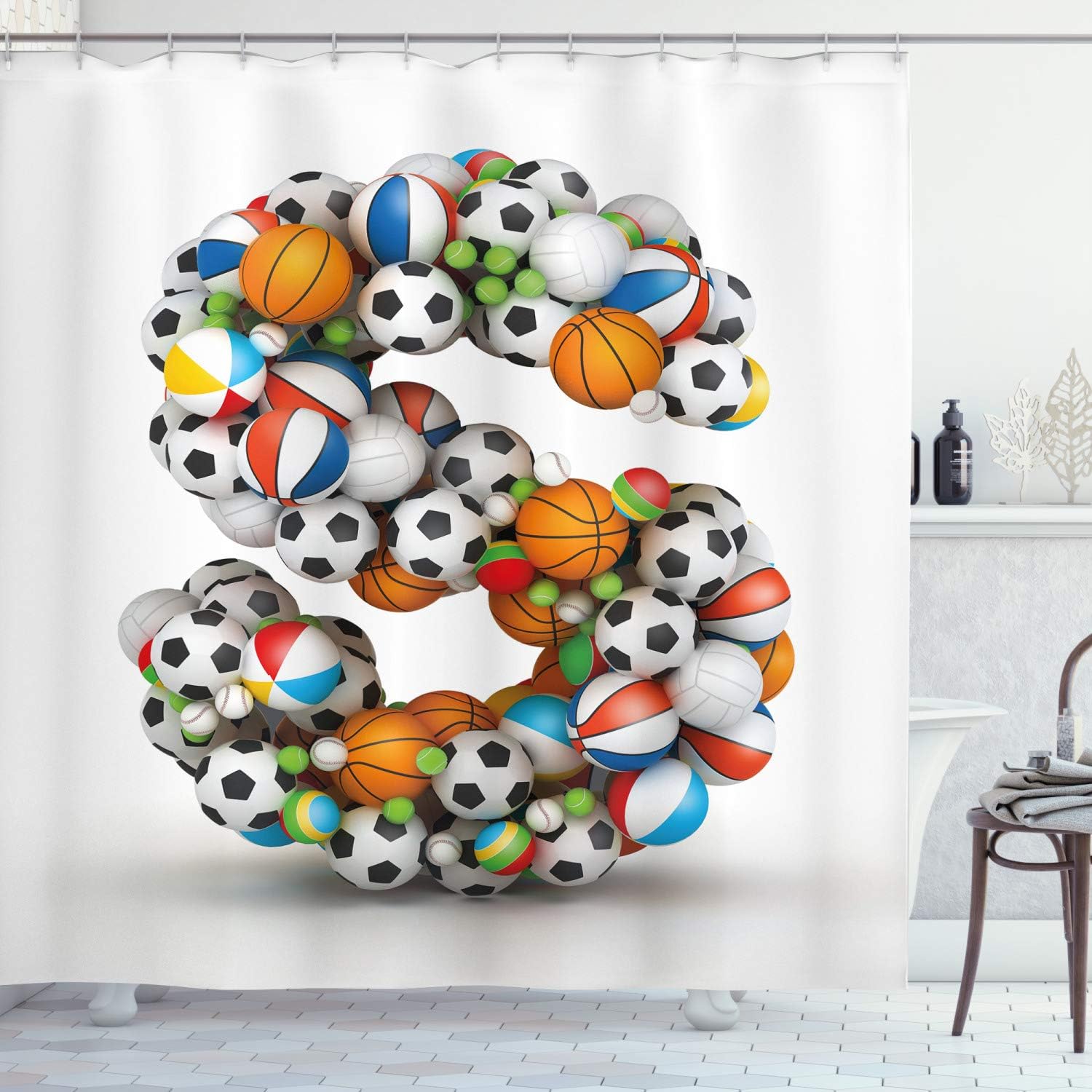 Ambesonne Letter S Shower Curtain, Sports Design Ball Competition Capital S Initials Name Print on Plain Background, Cloth Fabric Bathroom Decor Set with Hooks, 69" W x 70" L, Multicolor