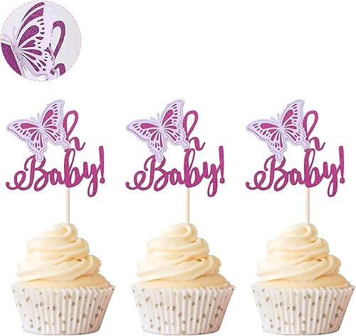Rsstarxi 24 adornos de mariposa para cupcakes, púas 3D con purpurina morada para baby shower, revelación de género, decoraciones de fiesta de