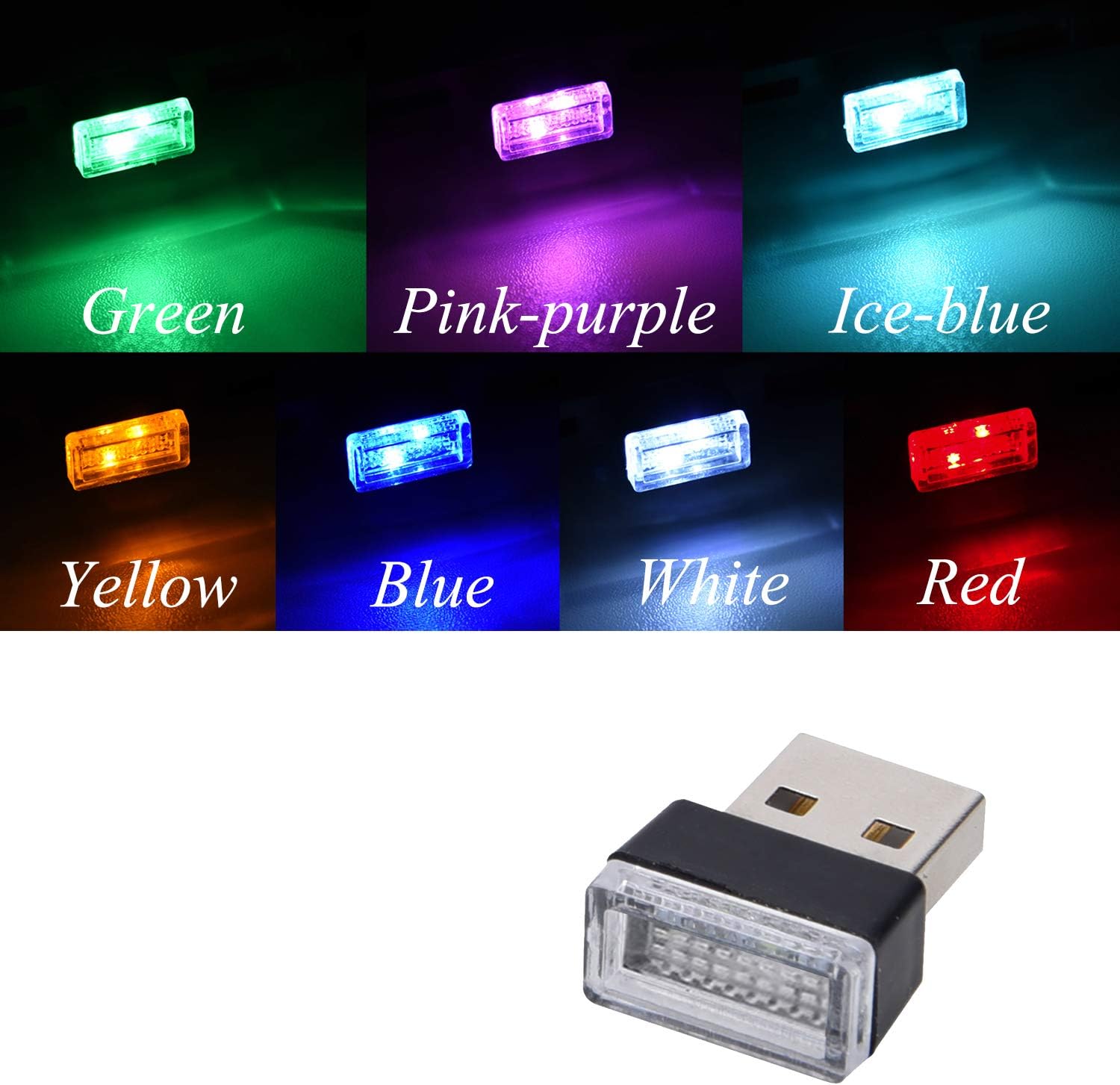 USB Car Interior Ambient Atmosphere Lights, Febrytold 7 Pcs Universal Mini Led USB Lights for Car Interior Trunk Ambient Atmosphere (Blue White Yellow Red Green Pink-purple Ice-blue)