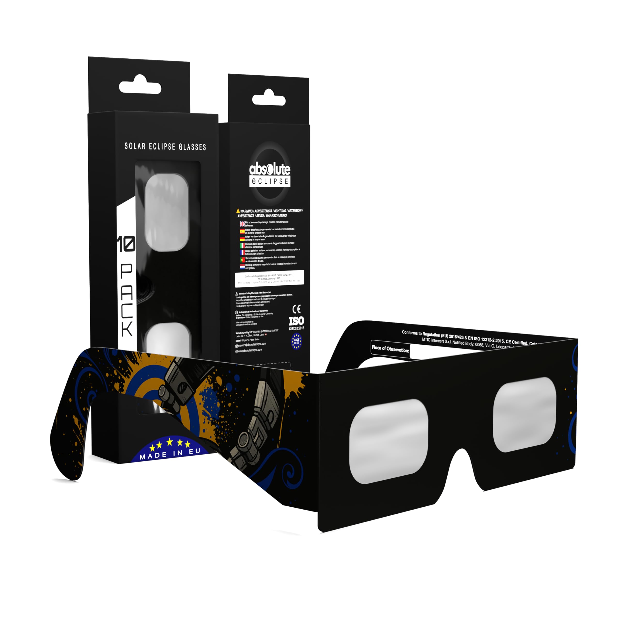 Solar Eclipse Glasses ISO 12312-2 & CE Certified – Safe Solar Viewing for Direct Sun & August 2026 Eclipse | Paper Cardboard Frame, Made in EU | For Kids & Adults | 10 Pack | Music