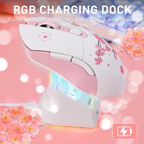Miniatura 6 de DAREU Ratón inalámbrico Sakura rosa para juegos con base de carga recargable RGB, DPI de 12K, 6 botones programables con sensor de alta precisión
