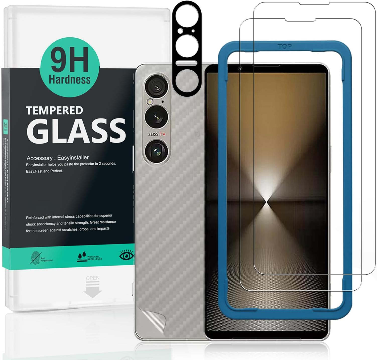 Screen Protector For Sony Xperia 1 VI 5G 6.5"[2 Pack],with 2Pcs Tempered Glass,1Pc Camera Lens Protector,1Pc Backing Carbon Fiber Film[Fingerprint Reader,Easy to install]