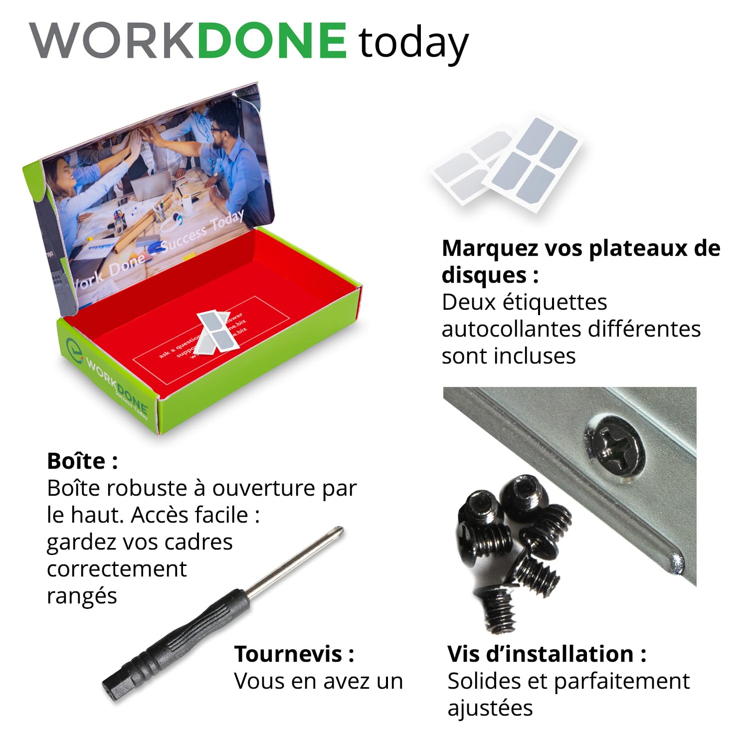 WORKDONE Pack 4u. - Plateau Caddy HDD 3.5" - Compatibles avec Les serveurs Dell PowerEdge - Manuel Installation Détaillée - Autocollants Partie Avant - Tournevis