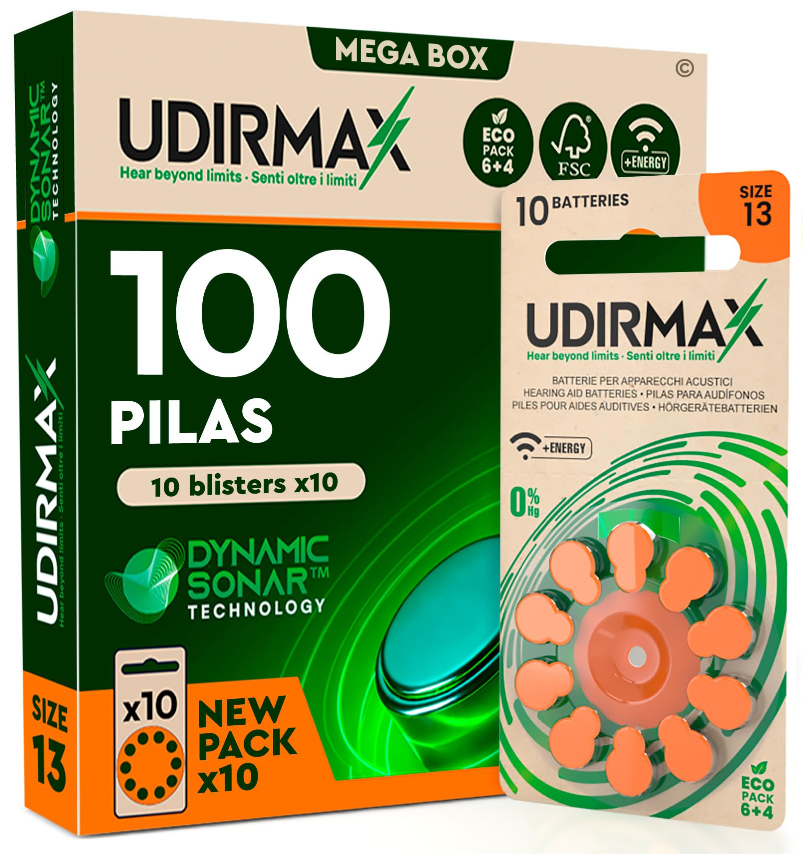 100 Pilas PR48 para Audífonos Tamaño 13 Naranja Udirmax Batteries Zinc Aire 1.45V Sin Mercurio con Tecnología Dynamic Sonar Paquete Eco 10 Blísters de 10 Pila
