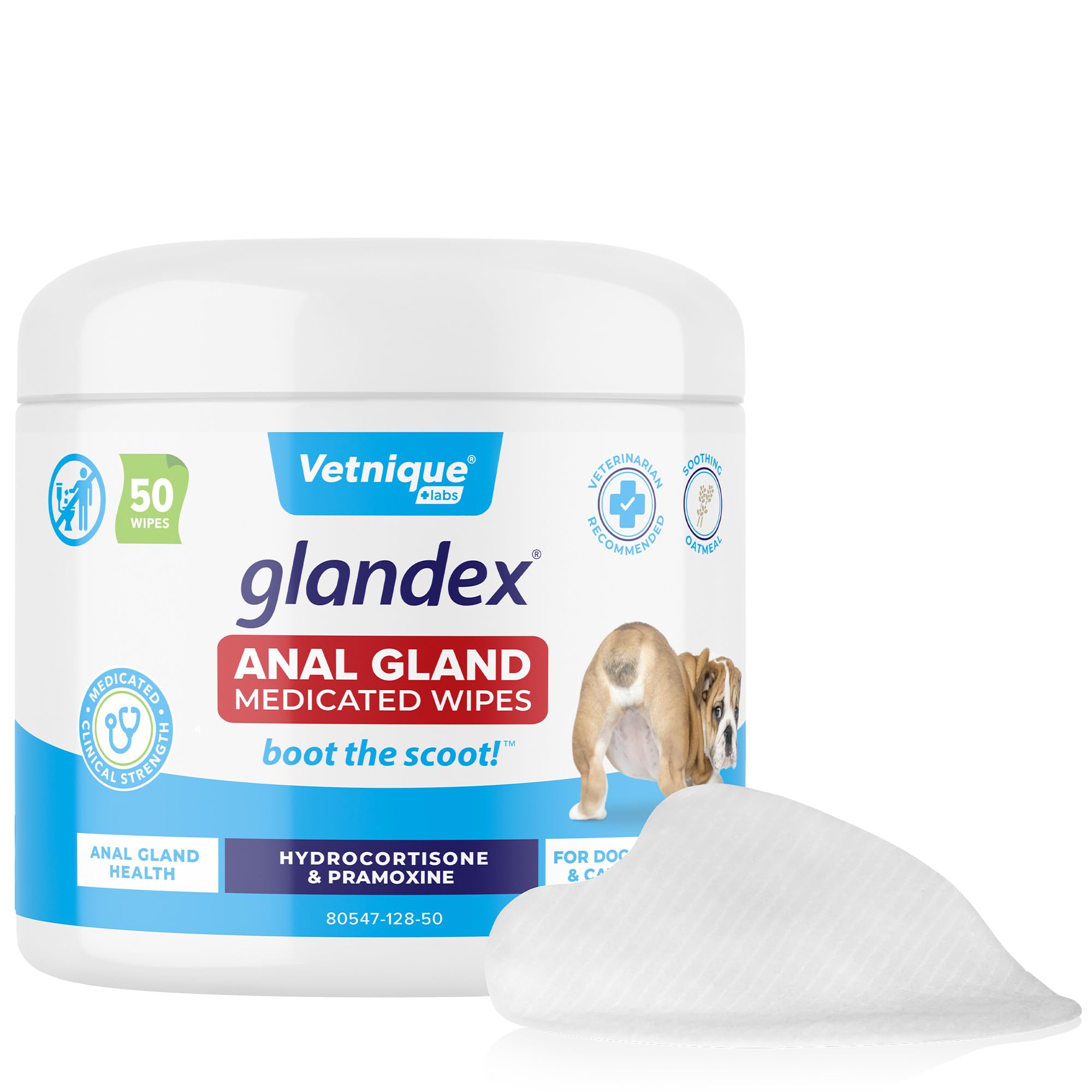Vetnique Glandex Medicated Dog Butt Wipes or Spray for Dog Scooting - Topical Anti Itch Skin Relief for Soothing Inflamed Anal Glands in Dogs & Cats - Fast Acting Formula 50ct (50ct Wipes)