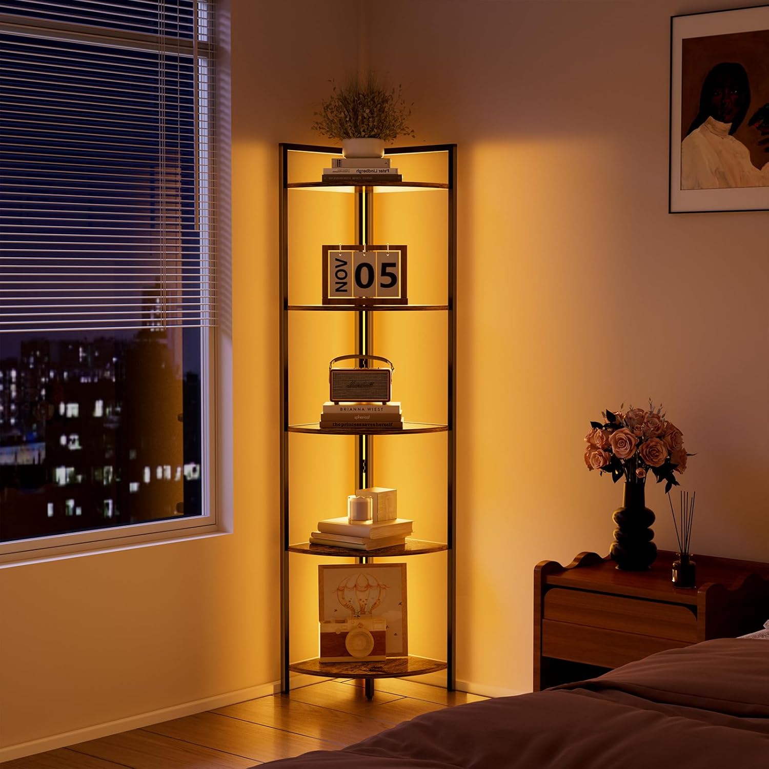 Heavy-Duty Corner Shelf, Retro Style with LED Light, 5-Tier Modern Corner Bookshelf, Wood and Metal Tall Corner Shelf, for Living Room, Office, Bedroom, Kitchen (Retro Brown)