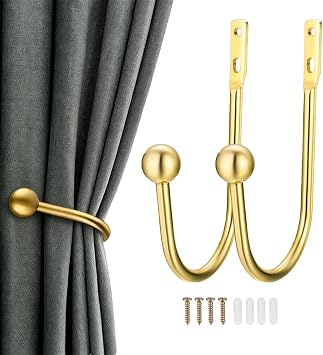Curtain Holdbacks, 2 Pcs Wall Mounted Drapery Tiebacks with Screws, Heavy Duty Metal Decorative Window Drapery Holder Curtain Hooks, Gold