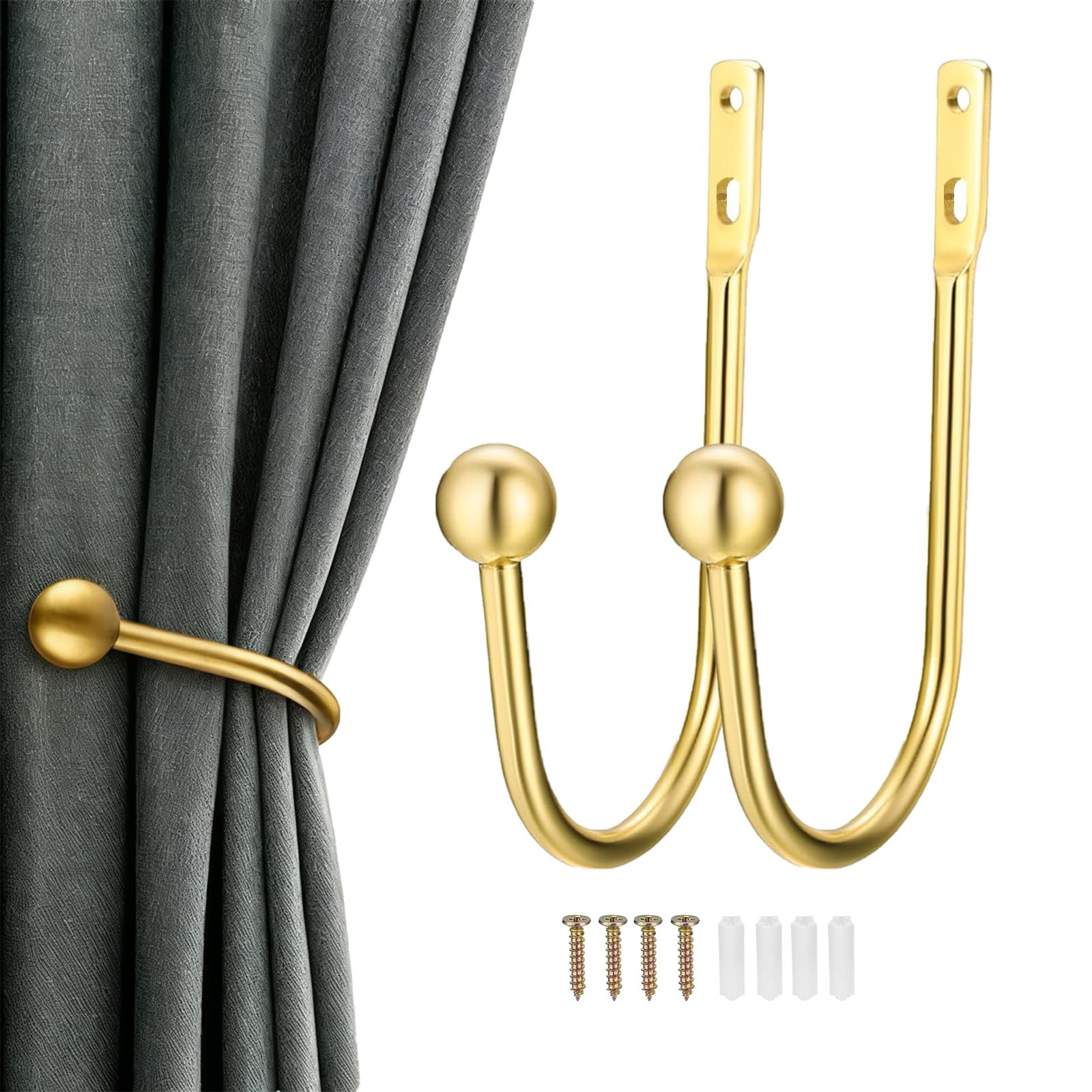 2PCS Metal Curtain Holdbacks, Curtain Tie Backs Wall Mounted Window, Retro U-Shaped Metal Hooks Decorative Drapery Holder with Screws for Bedroom Fixed Curtains or Hanging Items(Golden)