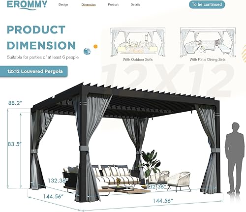 Miniatura 9 de EROMMY Pérgola con listones de 11 x 13 pies, para exteriores, con marco de grano de madera de aluminio y techo ajustable de metal resistente a la