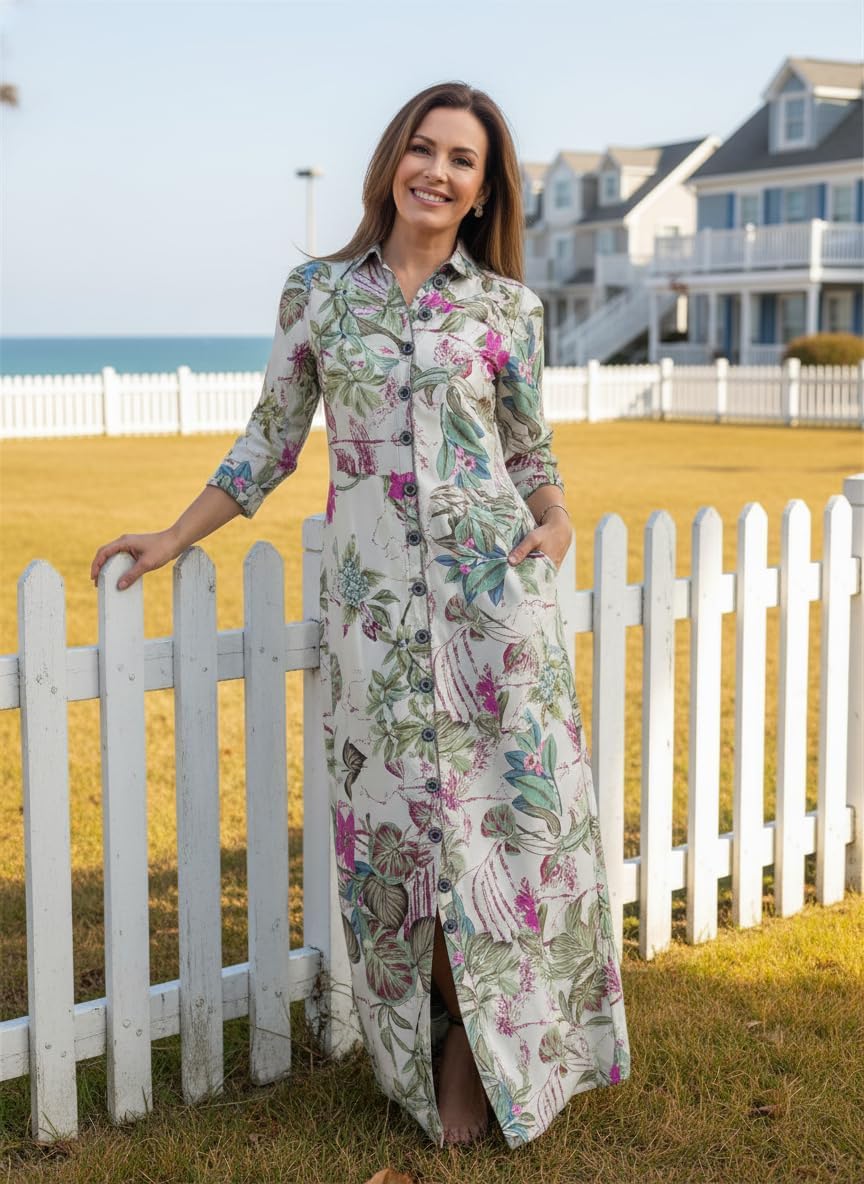 Women's Casual Boho Maxi Shirt Dress Long Sleeve Button Down Floral Patchwork Loose Fit Long Dress with Pockets