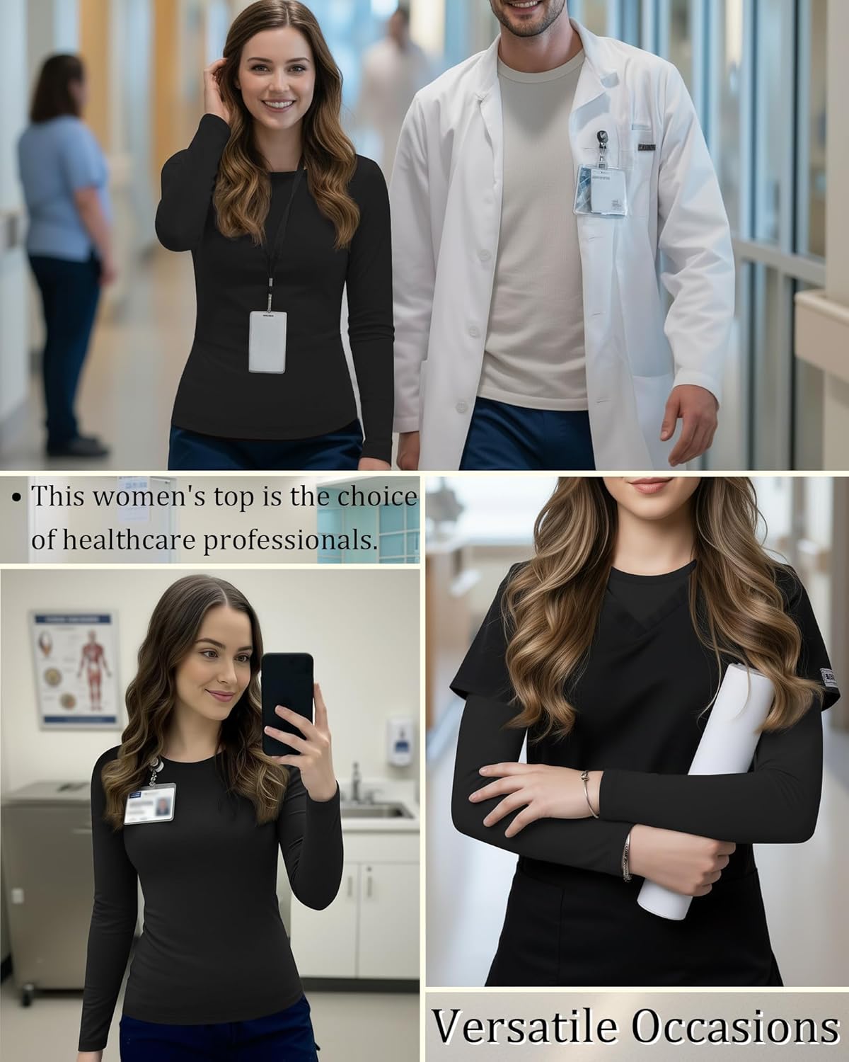 3 Pack Women's Underscrub Shirts Long Sleeve Thermal Scrub Undershirts Nurse Crew Neck Slim Fit Fleece Top Basic Tee - Image 2