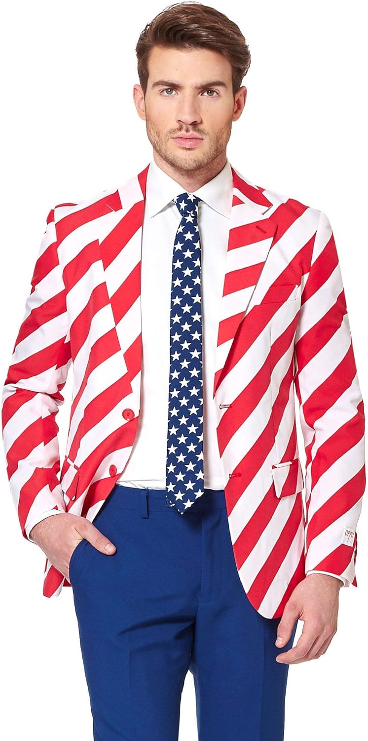 OppoSuits Men American Flag Suit - USA Outfit for the 4th of July with Red White and Blue Jacket, Pants and Tie : Home & Kitchen