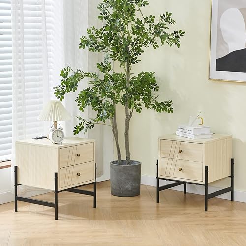 Miniatura 6 de Mesita de noche con estación de carga y 2 puertos USB, 2 cajones y estante de metal, mesa auxiliar para dormitorio, sala de estar, juego de 2