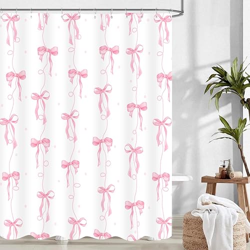 Pink Bow Shower Curtain, Girly Cute Coquette Preppy Aesthetic for